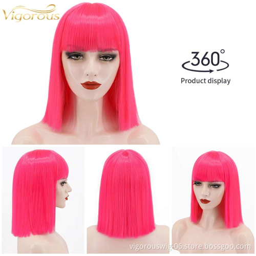 Wholesale Prices Red Natural Color Women Cheap No Lace With Bang Synthetic Heat Resistant Short Hair Wigs Straight Bob Cut Hair